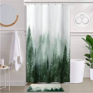 lot 10289 image: ORTIGIA Misty Forest Stall Shower Curtain for Small Bathroom, Green Half Size Narrow Nature Woodland Shower Curtain Set with Hooks, Waterproof Fabric Pine Tree Fog Magic Home Bath Curtain 36x72 inch