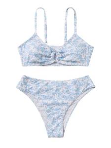 lot 10293 image: COZYEASE Girlsft 2 Piece Ditsy Floral Print Knot Front Ruched Triangle Bikini Swimsuit Blue and White 14 Years