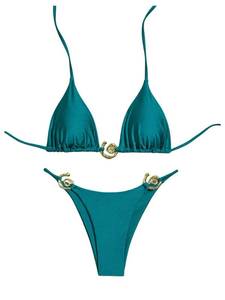 lot 10299 image: Milumia Womenfts Two Piece Triangle Halter Swimsuit Metal Decor Cheeky Thong Bikini Set Teal Blue X-Small