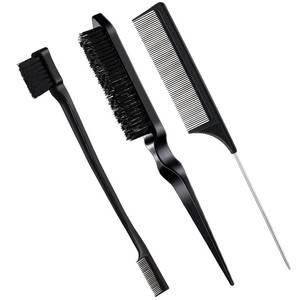 lot 10335 image: Geiserailie 3 Pcs Slick Back Hair Brush Set Bristle Brush Edge Control Teasing Comb for Women Black Hair(Black)
