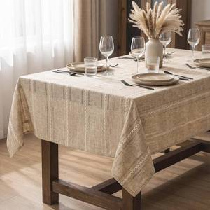 lot 10362 image: Horaldaily Light Coffee Cotton Blend Tablecloth 60104 Inch Rectangular, Farmhouse Style, Wrinkle Resistant Washable Table Cloth, Hemstitched Embroidery Table Cover for Home