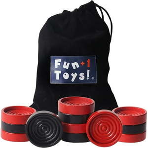 lot 10397 image: Fun1 Toys 26 Red and Black Checkers Pieces Only - 1.25 inch Wooden Checker Pieces for Checkers Board Game With Stackable Ridge In Drawstring Storage Bag