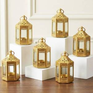 lot 10398 image: VELA LANTERNS 6pc Mini Small 4.5 Inch Metal Moroccan Lanterns Decorative Candle Tealight Holders for Centerpieces, Ramadan, Home Decor, Weddings, Gold