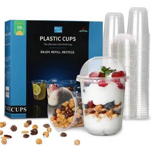 lot 10400 image: Songtaste 50 Pcs Disposable Plastic Cups,12 Oz Clear Plastic Parfait Cups with Dome Lids and No Hole,Dessert Yogurt Fruit Holders for Kids,Take Away Breakfast and Snacks,Cold Drinks,Ice Cream,Fruit