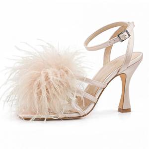 lot 10401 image: BCTEX COLL Womenfts Heeled Sandals Fluffy Feather Square Open Toe Ankle Strap Sexy Stiletto High Heels for Wedding Party Dance Evening, Nude, Size 7.5