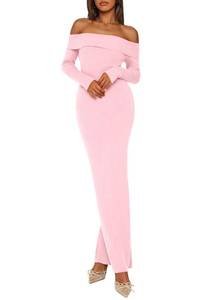 lot 10404 image: PRETTYGARDEN Womenfts 2025 Fall Sweater Dress Long Sleeve Off Shoulder Slit Maxi Bodycon Cocktail Party Dresses (Light Pink,Small)