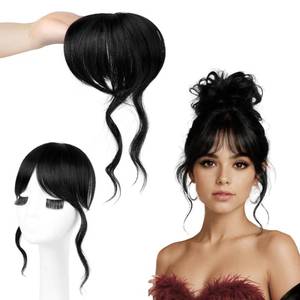 lot 10422 image: Flufymooz 100percent Human Hair Clip In Bangs,360°Real Human Hair Toppers for Women Natural Fringe Extensions with Invisible Clips-Black