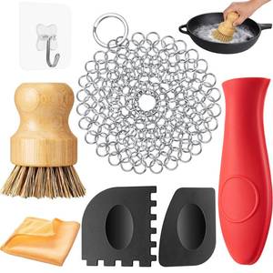 lot 10448 image: Patelai 7 Pieces Cast Iron Cleaner Set Include Stainless Steel Chainmail Scrubber with Bamboo Dish Scrub Brush Hot Handle Holder 2 Pan Grill Scrapers Kitchen Towel Wall Hook (Bright Color)