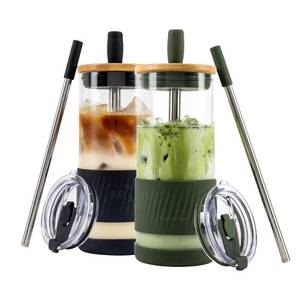 lot 10470 image: Pandaloo Glass Cups With Lids and Straws -20 Fl Oz- Perfect Size Iced Coffee Cup - Smoothie Cup With Bamboo Lid and On the go Lid - (2 Count (Pack of 1), Black Saphir-Mediterranean Olive)