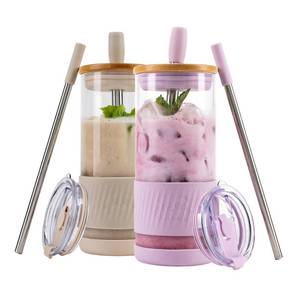 lot 10475 image: Pandaloo� Glass Cups With Lids and Straws -20 Fl Oz- Perfect Size Iced Coffee Cup - Smoothie Cup With Bamboo Lid and On the go Lid - Glass Tumbler (2 Count (Pack of 1), Lilac-Creamy Mushroom)