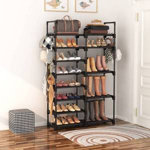 lot 11871 image: ROJASOP Shoe Rack Organizer, 8-Tier Metal Shoe Rack for Closet Entryway Garage, 26-32 Pairs Tall Shoe Boot Storage Shelf with 15 Hooks, Stackable Large Shoe Stand