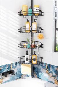 lot 11888 image: HAMITOR Shower Caddy Tension Pole 4-Tier Rustproof Bathroom Corner Shelf Organizer for Renters - No Drill Large Shampoo Storage Rack - Adjustable 47-121 Inch - Space Saving Bathtub Accessory - Black