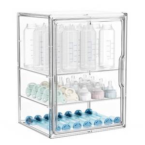 lot 11889 image: HBlife Baby Bottle Storage Organizer for Countertop Cabinet, 3 Tiers Adjustable Clear Acrylic Bottles Storage Station Case Box Container with 2 Removable Dividers and Magnetic Door, Large