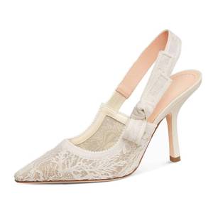 lot 11922 image: Goolita Pointed Closed Toe Pearl Slingback Heels for Women, Mesh Bow Evening Pump Stiletto High Heels Backless Party Bridal Shoes for Wedding, SIZE 7