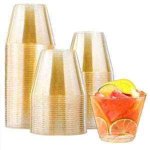 lot 11926 image: Clawsoff 100 Count 9 oz Gold Plastic Cups, Disposable Cocktail Cups for Wedding and Party, Bulk Gold Plastic Tumblers, Fancy Disposable Party Cups for Cold Drinks