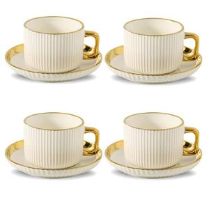 lot 11938 image: LETAOTAO Cappuccino Cups with Saucers, 8oz Ceramic Coffee Cups with Saucers Set, Latte Art Coffee Mugs with Gold Trim, Tea Cups Set of 4, BritishItalian Coffee cups for Cafe Mocha, Double Espresso