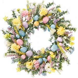 lot 11965 image: Sggvecsy 20 Inch Easter Wreath Spring Wreath Artificial Flower Wreath with Colorful Eggs Hydrangea Daisies Eucalyptus Leaves for Front Door Easter Summer Farmhouse Holiday Wall Home Window Decor
