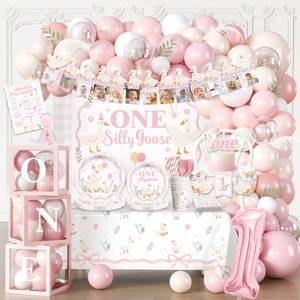 lot 11967 image: 269 Pcs One Silly Goose Birthday Decor Girl, Balloon Arch Garland Party Tableware Set for 25 Guests, 1st Pink Silly Goose First Birthday Decorations for Girl