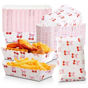 lot 11978 image: Roshtia 50 Pcs Cherry Bow Paper Food Boat Trays for Cherry on Top Baby Shower Decorations, Galentinefts Day and Valentinefts Day Party, Disposable Nacho Hot Dog Boat Plates for Birthday, Wedding Supplies
