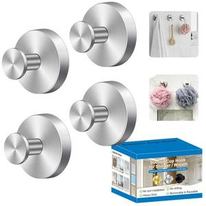 lot 12009 image: Herda Suction Cup Hooks for Shower Stainless Steel Suction Wreath Hanger for Glass Door No-Drill Removable and Reusable Suction Cup Hook for Loofah, Towel, Bathrobe, Holds Up to 15 Lbs - 4Pack, Silver