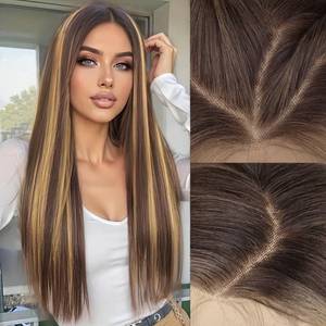 lot 12024 image: AISI HAIR 13x4 HD Lace Front Wig Chestnut Highlight Pre Plucked With Baby Hair Straight Glueless Synthetic Wigs for Women 28inch Beginner Friendly