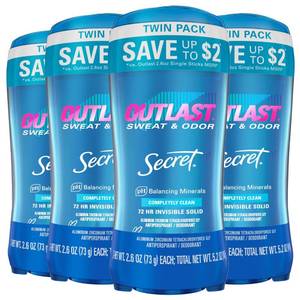 lot 12048 image: Secret Outlast Antiperspirant Deodorant for Women, 72hr Sweat and Odor Protection, PH Balancing Minerals, Invisible Solid, Completely Clean Scent, 2.6 oz (Pack of 4)
