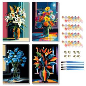 lot 12074 image: TBAIRO 4 Pack Framed Paint by Numbers Kit for Adults Beginner Flower DIY Painting Kits for Adults Floral Easy Adult Paint by Number Kits on Canvas for Wall Art Decor 8x12 Inch