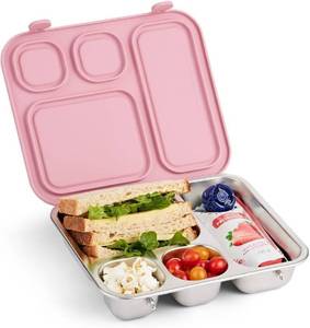 lot 12081 image: Elk and Friends Kids Stainless Steel Bento Box with Silicone Lid  Leak-proof  Toddler Lunch Container  4 Compartments  Dishwasher Safe