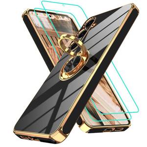 lot 12114 image: Gritup for Samsung Galaxy S24 Case with 2Pcs Screen Protector, 360° Rotation Ring Holder Magnetic Kickstand Plating Gold Edge Soft TPU Shockproof Protective Cover for S24, Black
