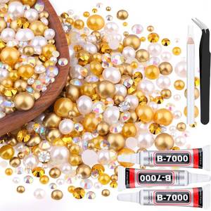 lot 12118 image: 80g Flatback Pearls and Rhinestones for Crafting, White Brown 3-10mm Resin Rhinestones and Half Pearls for Bedazzling, Nail Art and Dec with 3pcs 10ml B7000 Jewelry Glue, Tweezer and Pickup Pencil