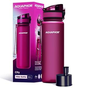 lot 12136 image: AQUAPHOR City Filtered Water Bottle in Tritan BPA-free - Portable with Integrated Water Purifying Filter 500 ml - Ruby Red (Used) (Water Condensation)