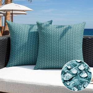 lot 12145 image: Kevin Textile Outdoor Waterproof Throw Pillow Covers Pack of 2 Weaving Texture Water Resistant Outside Decorative Cushion Covers for Garden Patio Tent Balcony Bench Couch Sofa 18x18 Inch, Teal