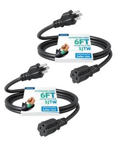 lot 12173 image: DEWENWILS 2 Pack 6FT Outdoor Extension Cord Waterproof, Short Extension Cord 16 AWG SJTW, NEMA 5-15P to 5-15R, 3 Prong Grounded Plug, for Indoor and Outdoor, ETL Listed, Black (Missing One)