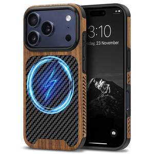 lot 12222 image: TENDLIN Magnetic Case Compatible with iPhone 17 Pro Max Case Wood Grain with Carbon Fiber Texture Design Leather Hybrid Slim Cover (Compatible with MagSafe) Black