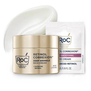 lot 12287 image: RoC Deep Wrinkle Rich Cream, Fragrance Free, Daily Anti-Aging Firming Cream For Persistent Dryness and Younger-Looking Skin For Women and Men, With Line Smoothing Eye Cream Packette, 1.7oz (Used)
