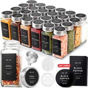 lot 13258 image: EDELHAUS Glass Spice Jars with Labels and Steel Lids (24 x 4oz) Spice Containers with 240 Label, Steel Funnel, Shaker Inserts, Empty Square Seasoning Organizer for Spice Rack, Cabinet, Drawer