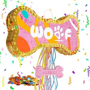 lot 13278 image: MUWOOB Dog Bone Pinata for Puppy Birthday Party Decorations, Pull String Pinata for Dog Themed Party Supplies, Golden and Pink Bones (16.5 x 9 x 3 inches)