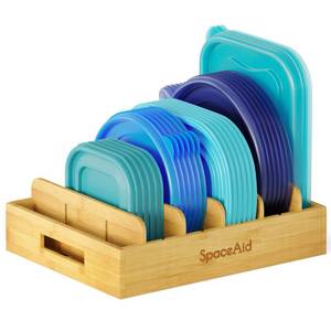 lot 13280 image: SpaceAid Bamboo Lid Organizer, Kitchen Pantry Lids Holder with 5 Adjustable Dividers for Cabinets, Food Storage Container Organizers, Natural