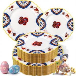 lot 13295 image: Morejoy 60pcs Plastic Disposable Plates Set - White Plastic Plates Featuring Classic Blue and Russet Floral Design With Gradient Gold Rim, 10.25 Dinner and 7.5 Dessert Plates for Wedding and Party