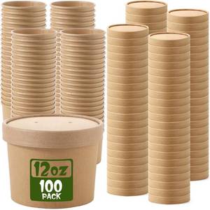 lot 13308 image: Fulmoon 100 Pack Paper Soup Containers with Lids Disposable Paper Food Containers with Vented Lid Kraft Ice Cream Cake Dessert Cups Soup Bowl for Party Hot Food Fruit Microwave(12 oz,Brown)