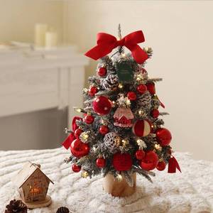 lot 13309 image: Small Tabletop Christmas Tree with Lights Warm Wooden Base for Xmas Tabletop Christmas Tree for Holiday Home Decoration (Red)