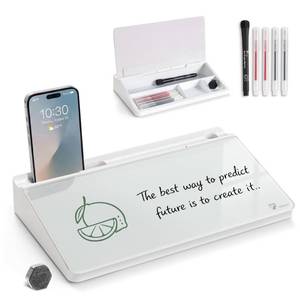 lot 19593 image: TOWON Small Compact Glass Desktop Whiteboard with Storage � 12 x 7 in Dry Erase Board for Desk, Home Office, School  Includes 5 Markers, Eraser and Holder  Space-Saving Organizer, Aesthetic White