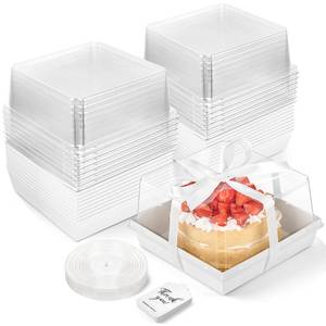 lot 19601 image: ZORRITA 7 x 7 x 4 Inches Paper Cake Boxes with Clear Lids, 20 Pack Disposable Charcuterie Boxes Square Food Containers for 4-6 Inch Cake, Dessert, Pie, Cupcake, Bakery (White)