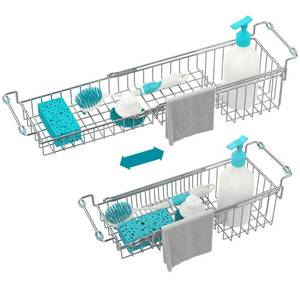 lot 19607 image: FavoThings Over The Kitchen Sink Caddy Sponge Holder Organizer Drying Rack Expandable for Sponge Brush Soap Dish Cloth Rag 14.5 to 22in, Stainless Steelin