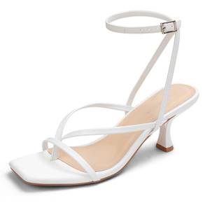 lot 19614 image: LOOPCHARM Womenfts Kitten Heel Strappy Open Square Toe Thong Ankle Strap Heels for Wedding,White Pu,8.5