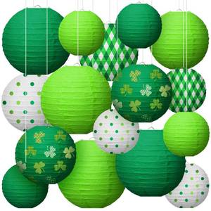 lot 19619 image: Bencailor 16 Pcs St Patricks Day Party Paper Lanterns Green Round Hanging Paper Lanterns Shamrock Decorations for Irish Saint Festive Birthday Indoor Outdoor Supplies(Shamrock)