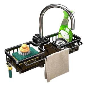 lot 19660 image: GCFTIFF Sink Organizer Rack for Kitchen and Bathroom,Stainless Steel Detachable Hanging Faucet Drain Rack with Drip Tray Faucet Sponge Holder for Bathroom (Black, LandR as One)