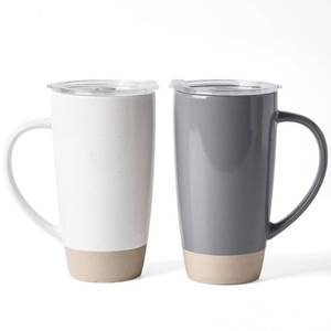 lot 19665 image: famiware Milkyway Coffee Mugs, 20oz Large Coffee Mug, Ceramic Mug Set of 2 with Lid, Cup Set with Handle for Latte, Tea, Cocoa, Milk, Home and Office, White and Dark Gray