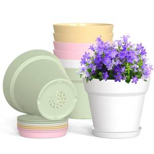 lot 19670 image: WSMKSZ 4 Inch Plastic Plant Pots with Drainage Holes and Trays � 8 Pack Small Nursery Pots for Indoor and Outdoor House Plants and Flowers, Seedling Starter Planters, Colorful