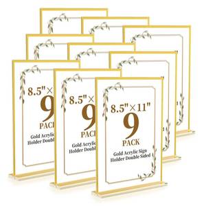 lot 19673 image: Acrylic Sign Holder 8.5 x 11,9 Pack Clear Sign Holder Double Sided Gold Table Menu Vertical Desktop Display Stand Paper Flyer Holder Tabletop Sign Holder Suitable for Restaurants, Office, Store,Hotels (5 PACK)